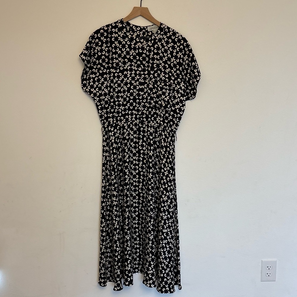 Argenti Vintage 100% Silk Drop Waist Midi Maxi Dress Black White Print Size 10